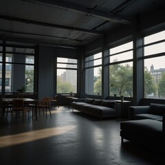 Modern minimalist loft space bathed in natural light, featuring comfortable seating and expansive city views, perfect for creative collaboration or relaxed corporate retreats.