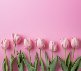 Fototapeta premium Soft and elegant row of pink tulips against a pastel pink background, showcasing delicate beauty and romantic charm, ideal for floral arrangements and feminine themed designs