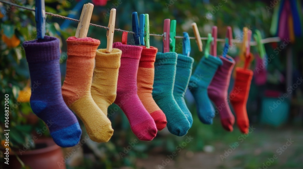 Poster vibrant array of matching socks suspended on a clothesline, showcasing a playful spectrum of colors 