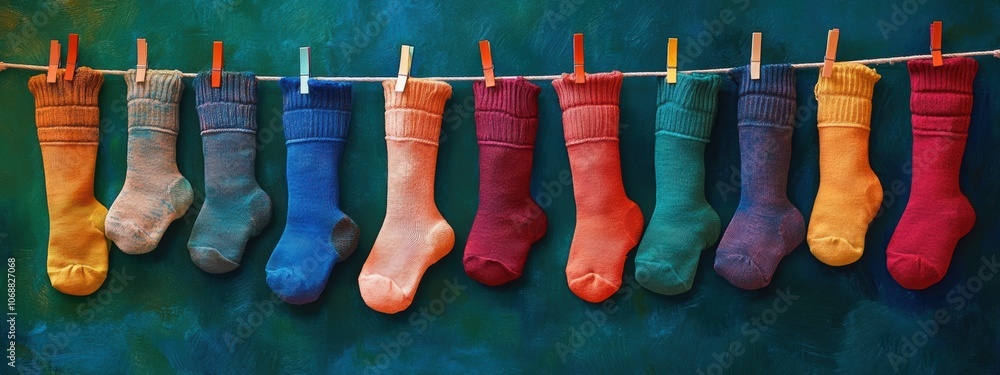 Poster vibrant socks fluttering on a clothesline, showcasing a spectrum of colors, creating a cheerful and 