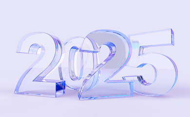 2025 Happy New Year glass holographic number design 3d render background. Crystal iridescent font typography for poster, banner, calendar, greeting card and Christmas celebration 2025. 3D illustration
