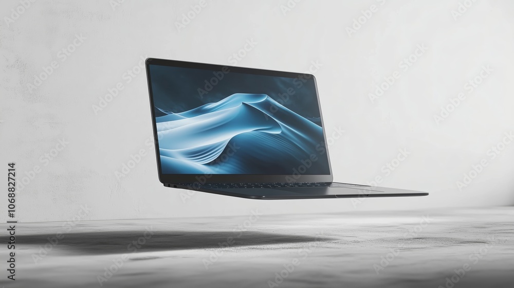 Poster a sleek laptop floating above a minimalistic surface illuminated by soft light in a modern indoor sp