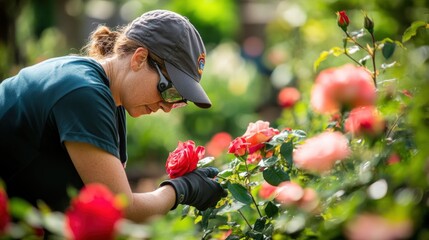 Woman Examining a Rose in a Garden