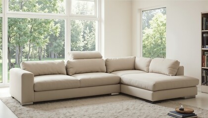 Fototapeta premium Stylish beige sectional sofa in bright living room with large windows and green view