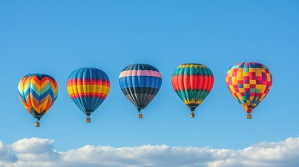 Naklejka premium Colorful Balloons in the Sky, a vibrant display of identical balloons drifting against a clear blue backdrop, evoking joy and celebration