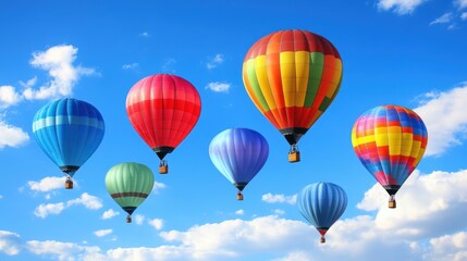 Vibrant array of identical balloons drifting serenely against a clear blue sky, evoking joy and celebration in an enchanting scene