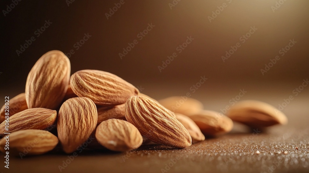 Aufkleber cluster raw almonds rests rich brown background illuminated gentle contour lighting accentuates thei