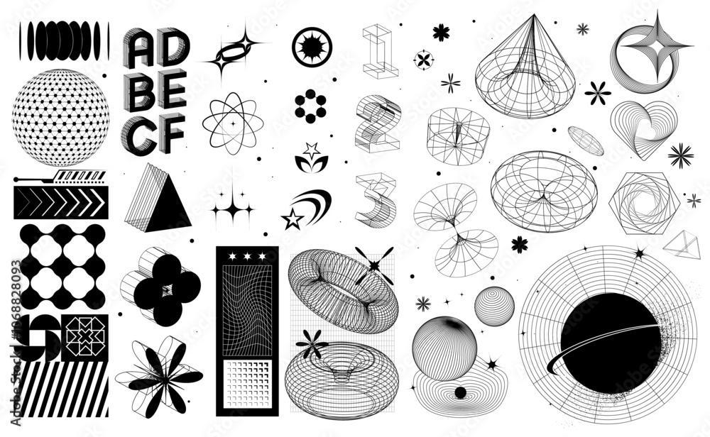 Poster set of acid style assets. geometry wireframe shapes in y2k style. abstract black and white 3d shapes