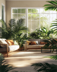 Vibrant living room with ferns, monsteras, and palms, featuring neutral walls and natural wood furniture. Soft natural light creates a fresh, inviting atmosphere, captured in high resolution.