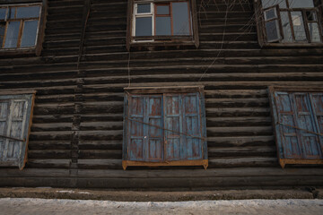 wooden traditional shutters on a wooden house, russia - dec 2 2023