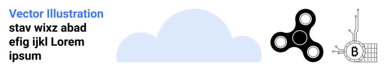 Blue cloud with abstract text, black fidget spinner, mechanical gear illustration, Ideal for tech branding, blogs, educational materials, marketing, posters, social media, and web design. Landing