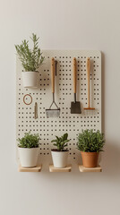 Pegboard with indoor gardening tools and small potted plants on shelves, featuring matte finishes and wooden handles. Soft lighting enhances the minimalist, organized aesthetic