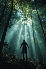 This serene image captures a quiet forest clearing where a man stands with his back to the viewer, holding crutches overhead, evoking a sense of contemplation and resilience in nature.

