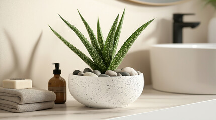 Fresh aloe vera plant in a white ceramic pot with decorative stones, placed on a minimalist bathroom shelf. Soft, indirect lighting enhances the smooth leaves and textures of the pot 