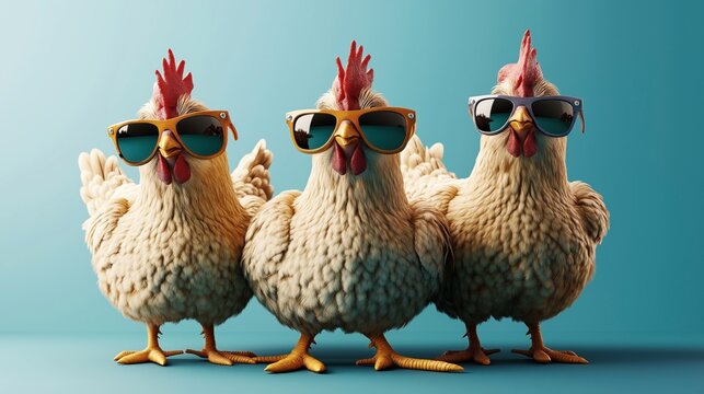 Three chickens wearing sunglasses standing side by side against a blue background, each with a different pair of sunglasses, creating a humorous and stylish scene.