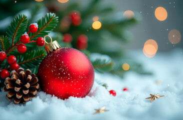 Fir branches, berries and red Christmas tree balls on snow. Festive winter background. Postcard