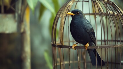 Black Bird in a Cage with a Blurred Green Background