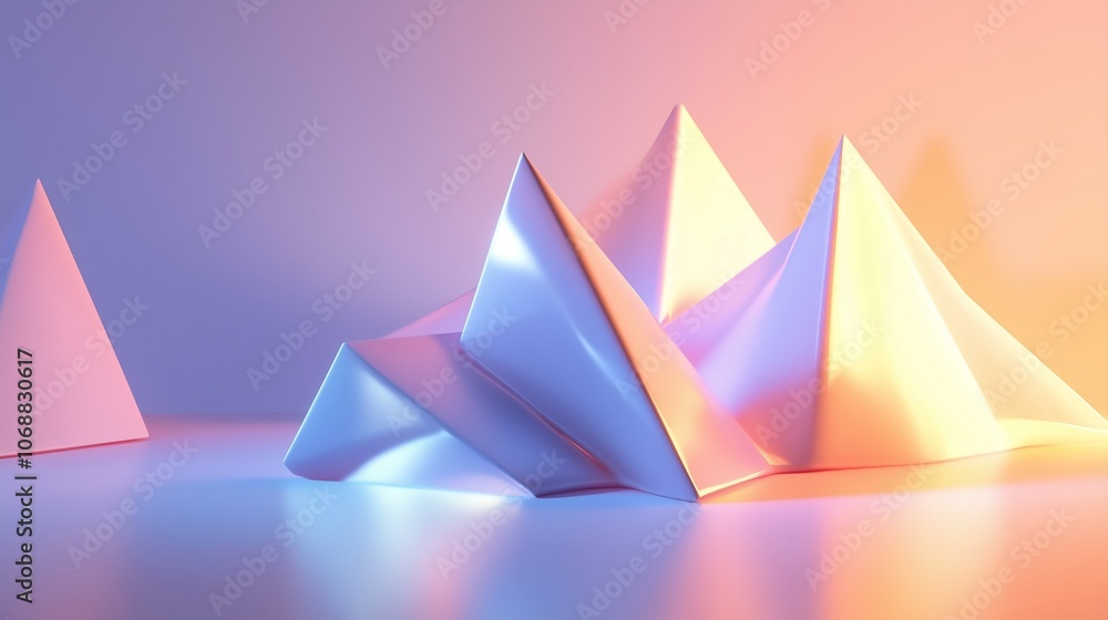 Aufkleber colorful paper pyramids arranged artistically on a smooth surface illuminated by soft, warm light in
