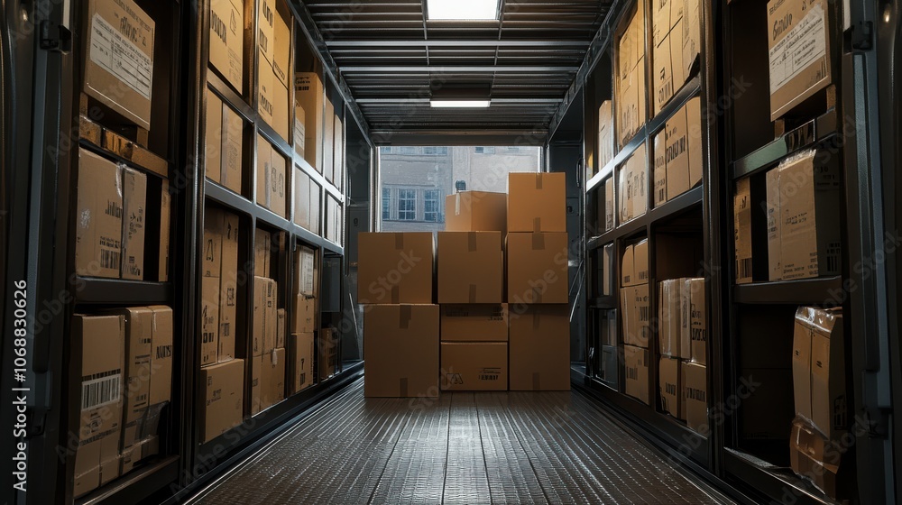 Poster truck interior is filled with neatly stacked cardboard boxes, ready for delivery. boxes are organize