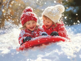 Children Joyfully Sledding Down a Snowy Hill in Winter Fun