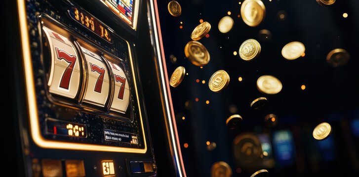 3D render of slot machine with 7s and golden coins, capturing excitement of casino win. vibrant colors and dynamic motion convey sense of luck and fortune