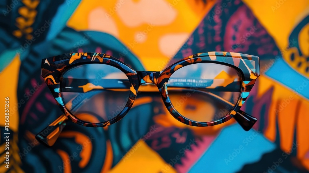 Poster a pair of cat-eye glasses with a colorful abstract pattern in the background.