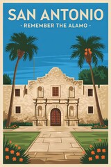 Naklejka premium Vintage Travel Poster of San Antonio: Iconic Alamo Monument Surrounded by Lush Palm Trees, Evoking Nostalgia and Adventure in Historic Texas
