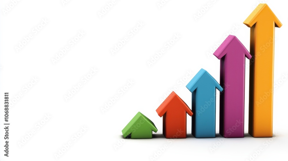 Poster a colorful bar graph depicting growth, with arrows pointing upward, symbolizing progress and success