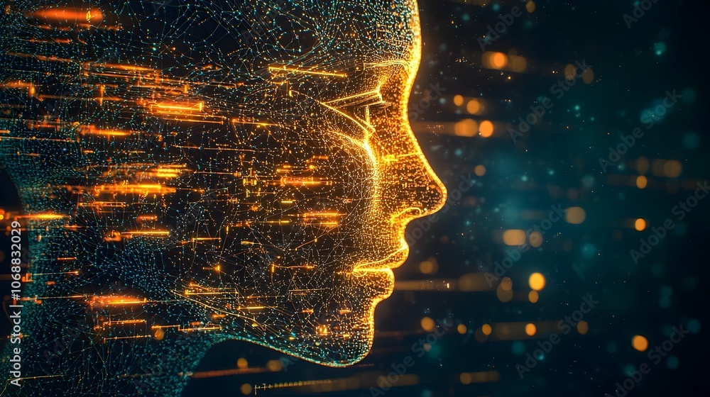 Poster glowing neural network forming a captivating concept face with flowing data streams