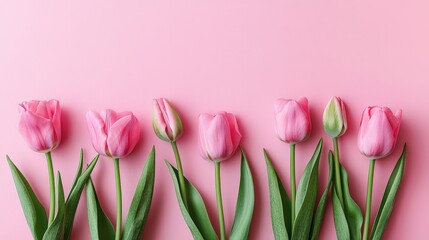 Fototapeta premium Soft and elegant row of pink tulips against a pastel pink background, showcasing delicate beauty and romantic charm, ideal for floral arrangements and feminine themed designs