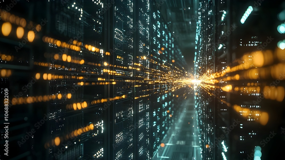 Poster glowing data streams flowing through massive server farm symbolizing immense power of data processin
