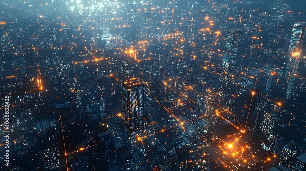 Poster futuristic cityscape with glowing data connections and advanced ai powered infrastructure
