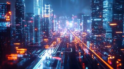 Fototapeta premium Futuristic Illuminated City with Seamless AI Powered Infrastructure and Transportation