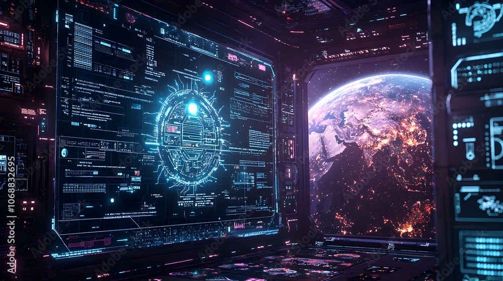 Poster futuristic ai powered digital control room managing global data networks and satellite systems