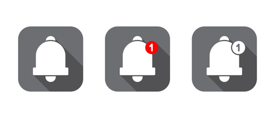 Notification bell icon set with long shadow. New notice sign symbol on square background