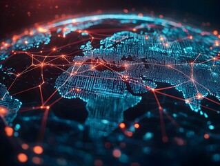 Glowing AI powered Digital Network Spanning the Global Landscape Connecting Continents with Pulsating Data Streams