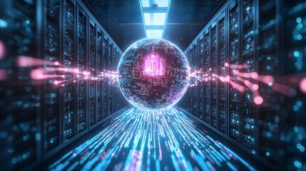 Glowing Sphere Floating Amidst Streams of Binary Code in a Data Center