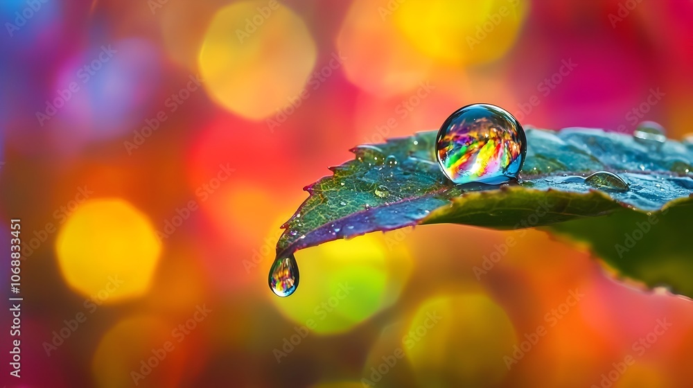 Poster tiny vibrant rainbow reflected in a water drop hovering on a leaf s edge