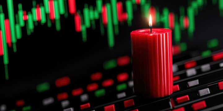 A close-up of a red candle atop a trading screen, with fluctuating green and red candlestick charts in the background, symbolizing market movements and trading activities.