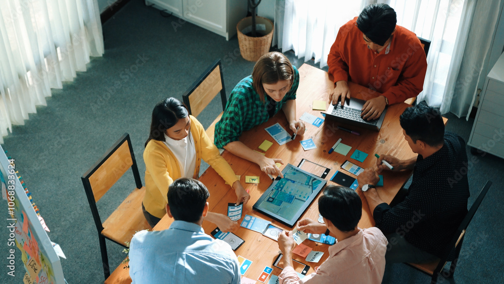 Poster top view of diverse business people writing and stick sticky notes at whiteboard. creative team work
