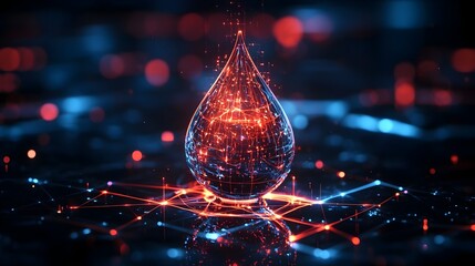 Futuristic Liquid Metal Water Drop Suspended in Glowing Digital Grid Symbolizing Nature and Technology Fusion