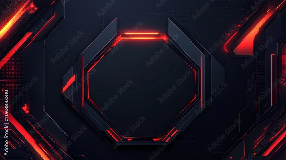 Poster red neon glowing octagon shape in a dark abstract futuristic background