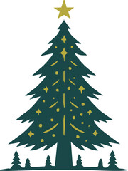 Christmas decorated tree silhouette, vector illustration, holiday background, template for design, greeting card, banner, invitation.