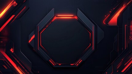 Red neon glowing octagon shape in a dark abstract futuristic background