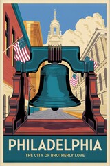 Fototapeta premium Vintage Travel Poster: Philadelphia, The City of Brotherly Love, Featuring the Iconic Liberty Bell Against a Historic Urban Backdrop with American Flags