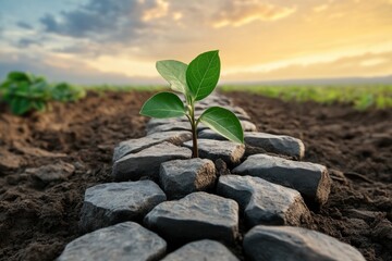 The Path to New Beginnings A Single Sapling Growing Strong Through Stones, Symbolizing Hope, Change, and Future Growth, Embracing the Journey of Transformation and Resilience