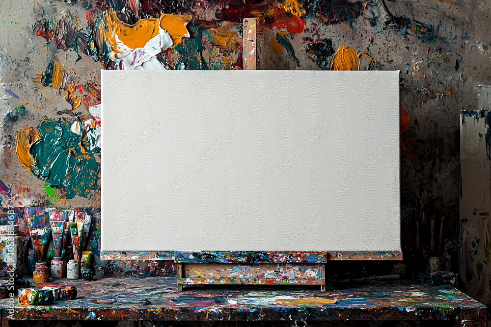 Poster empty canvas on easel surrounded by colorful paint splatters
