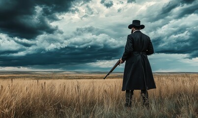 Man with gun in field under stormy clouds.