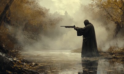Obraz premium Hooded figure with gun stands by river in fog.