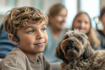 A young boy with a hearing aid sits comfortably with his loyal dog, capturing the bond of companionship and support in a warm, family-centered environment.
